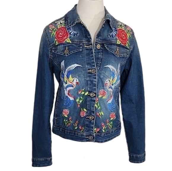 Baccini Jackets & Blazers - Baccini Jacket Embroidered Denim Bird, Floral & Butterfly Jean Blue Size S